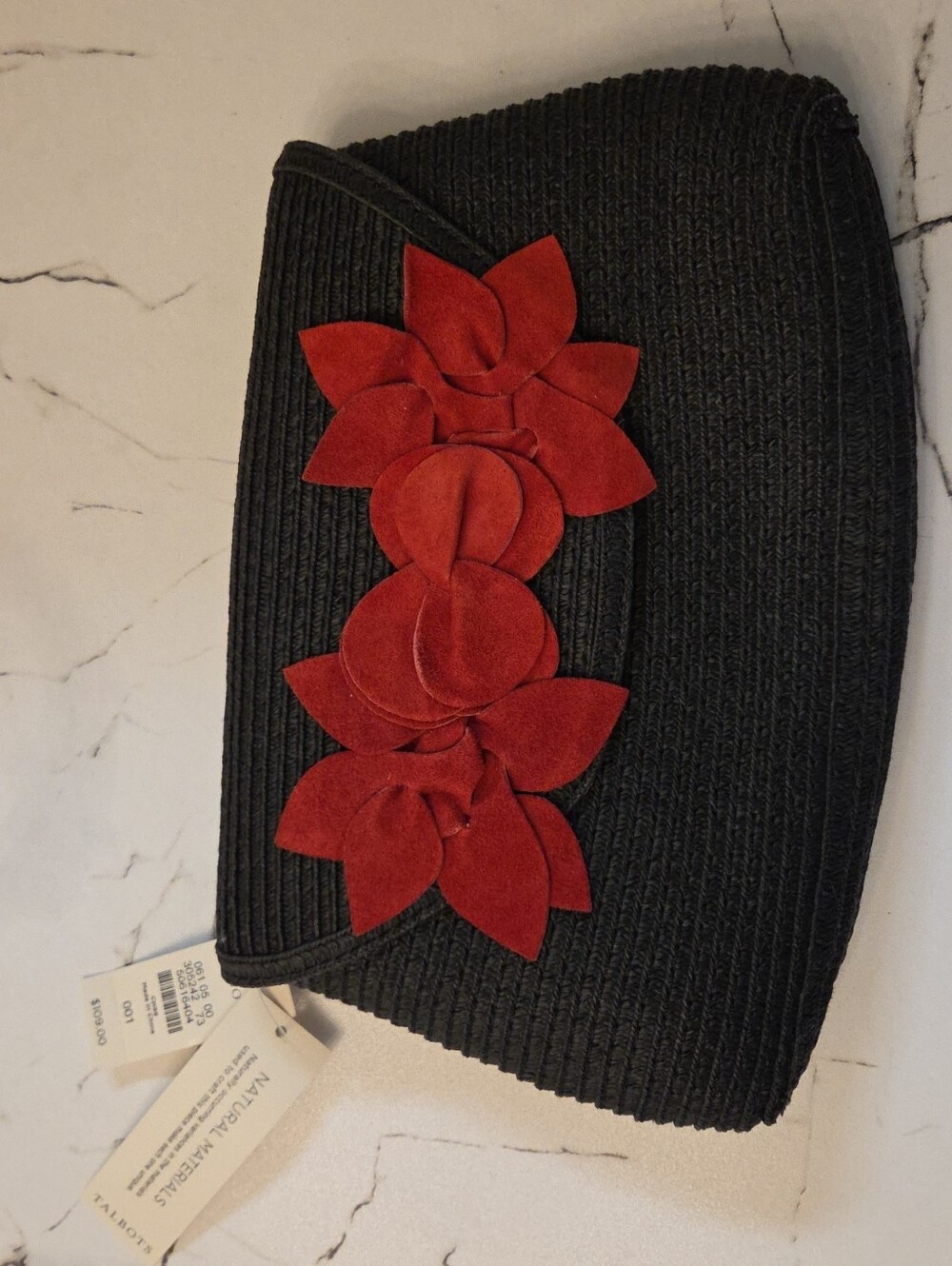Talbots Black Clutch with Red Suede Floral Appliqués